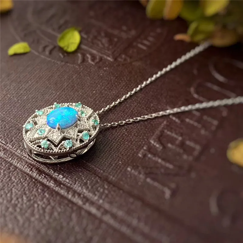 18K Gold Oval Cut Natural Opal Diamond Paraiba Exquisite Pendant Necklace