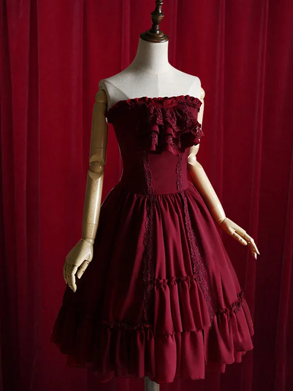 Burgundy Lolita Dress Bow Strapless Lace Up Cotton Dress