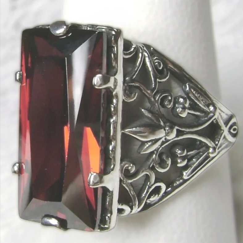 Garnet Ring, Baguette Gem, Floral Leaf Filigree, Victorian Jewelry, D32