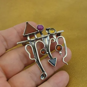 Hadar Designers Sterling Silver Gemstones Brooch Handmade Unique Artistic (H) y