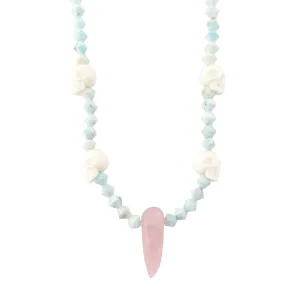 Rose quartz and carved skull necklace