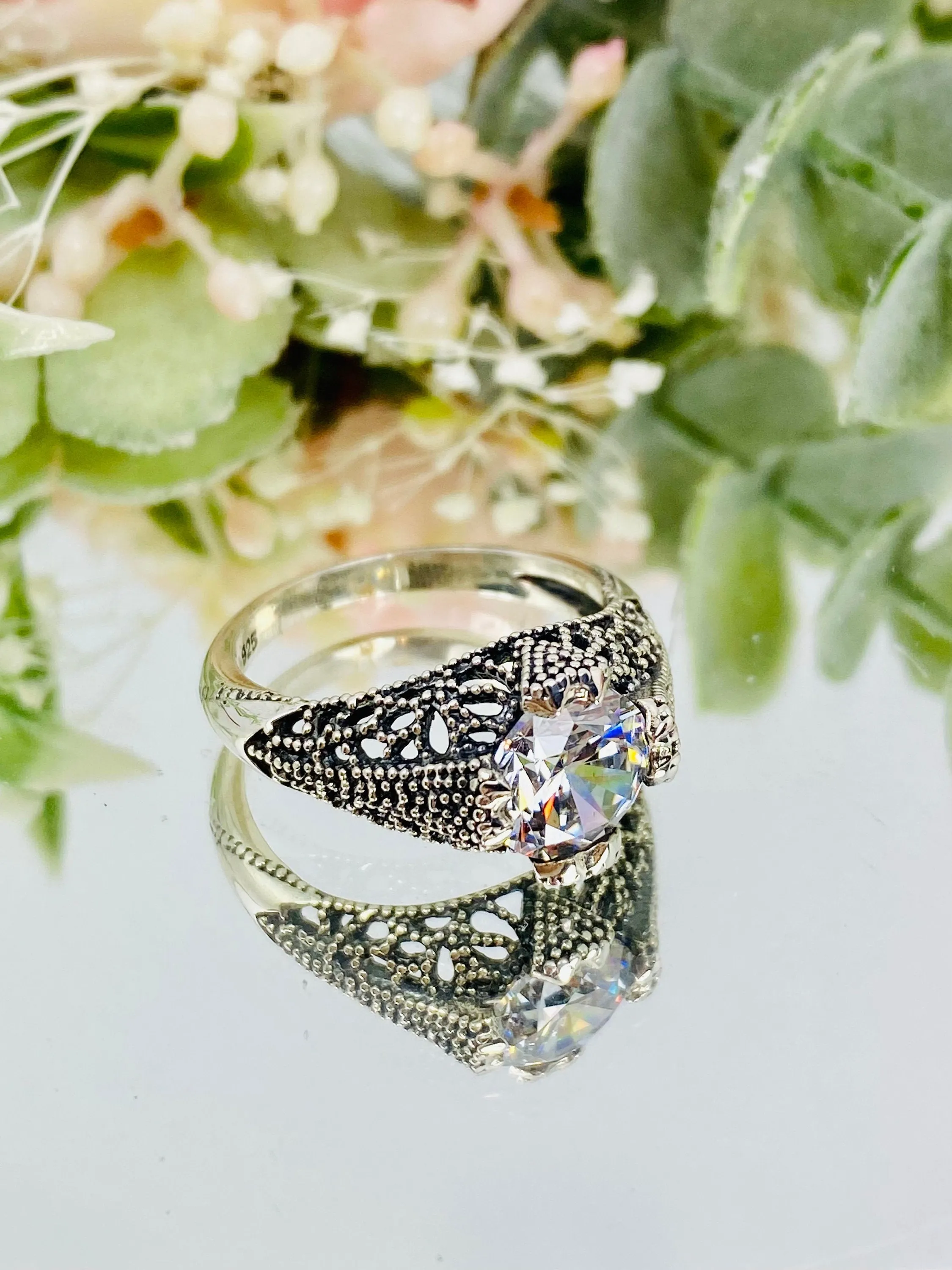White CZ Ring, Classic Silver Filigree Jewelry, D179
